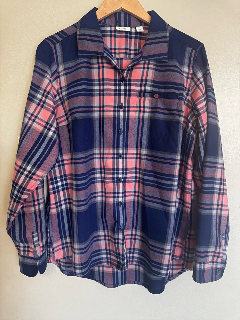 L.L.Bean Blue/Pink/Gray Plaid Flannel Long Sleeve Button-Up Shirt Wool Regular